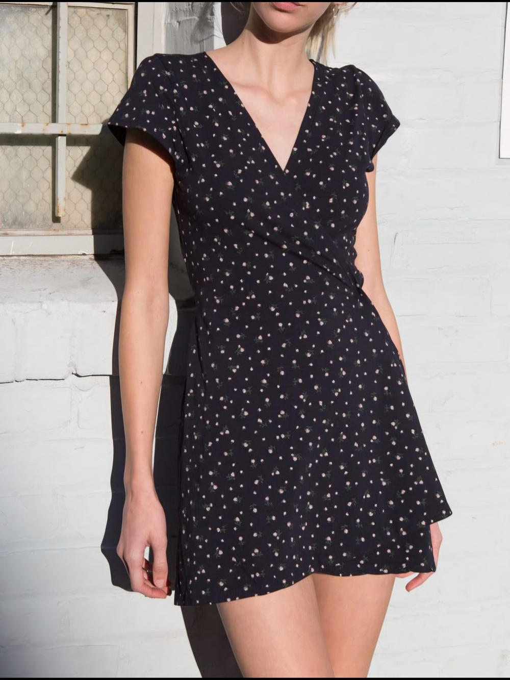 Brandy Melville Wrap Tie Dress Navy Blue with Pink Floral Print